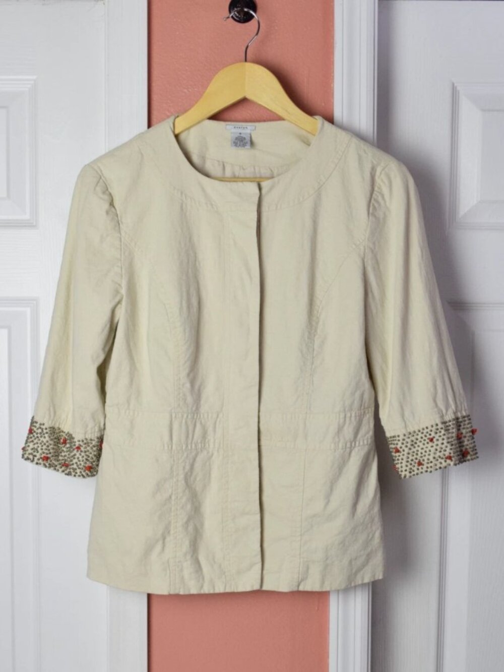 ANTHROPOLOGIE EVELYN BEIGE LINEN BEAD EMBROIDERED SLEEVE JACKET